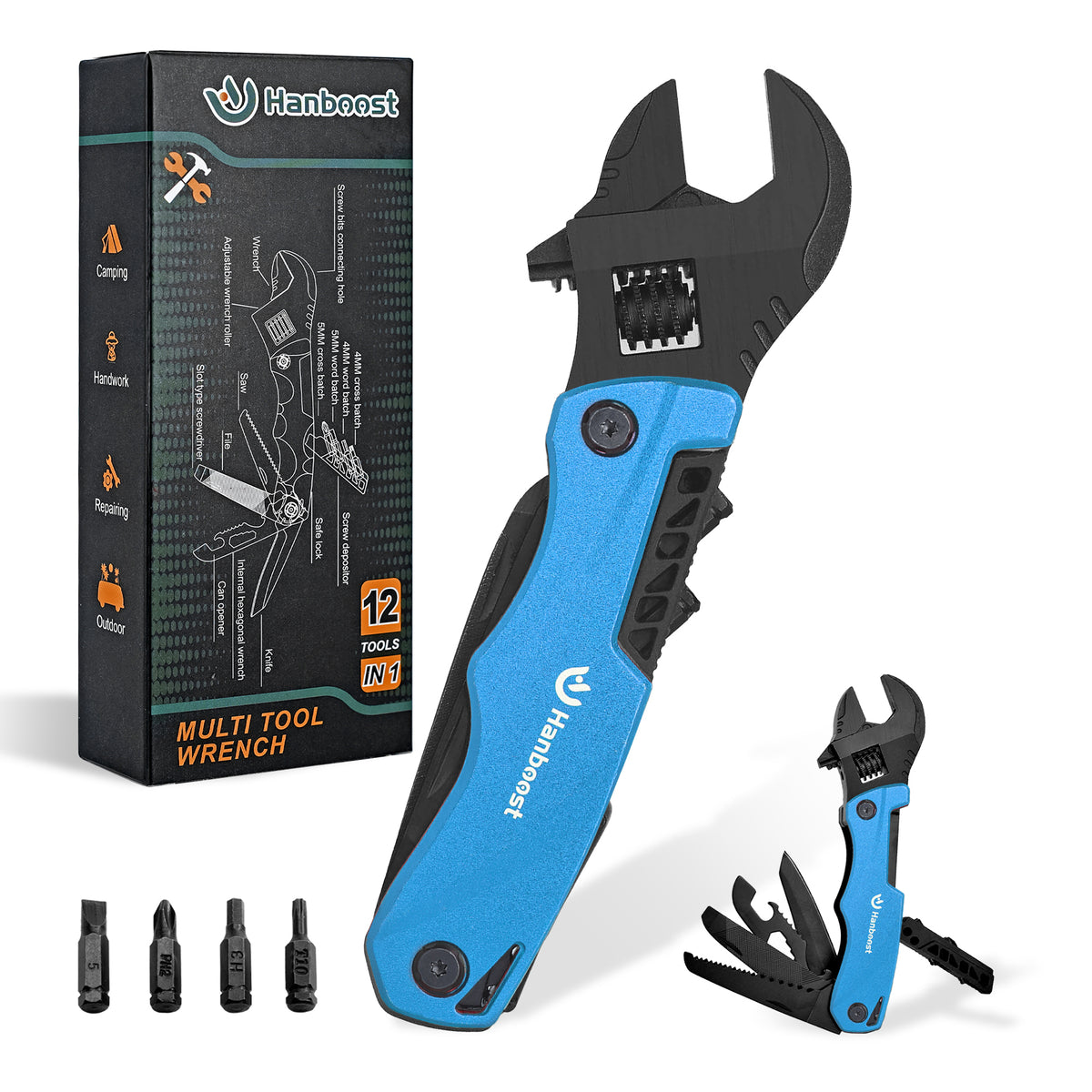 Hanboost M1 Multitool Wrench 12 In 1 With Flathead Phillips Screwdriver Wood Cutting Saw Bottle Can Opener for Camping (Blue）