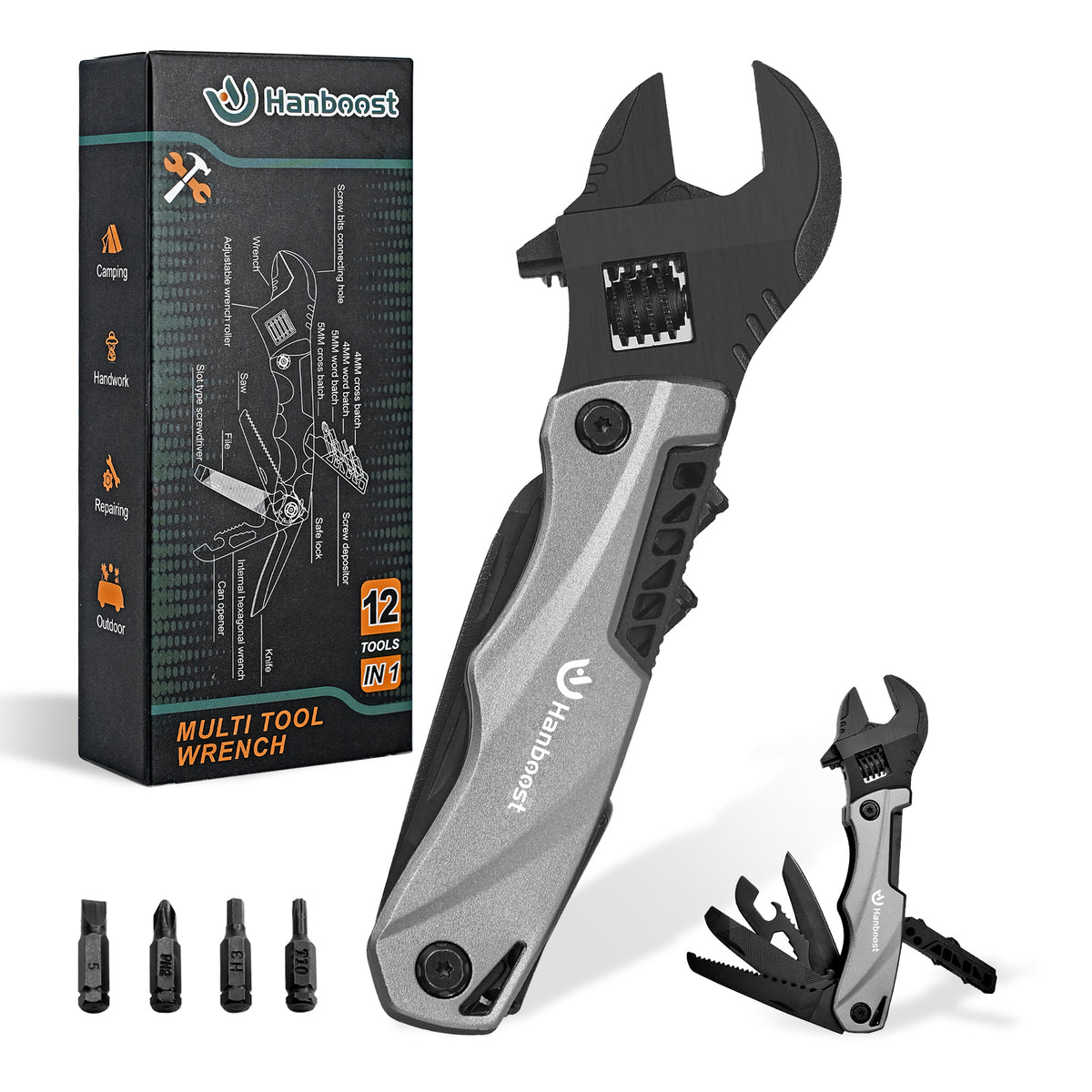 Hanboost Multitool Adjustable Wrench  12 In 1 Small Spanner For Outdoor Camping with Screwdriver Knife Bottle Opener Survival Tool Multipurpose Gear for Home Use & Outdoor Camping  (Grey)