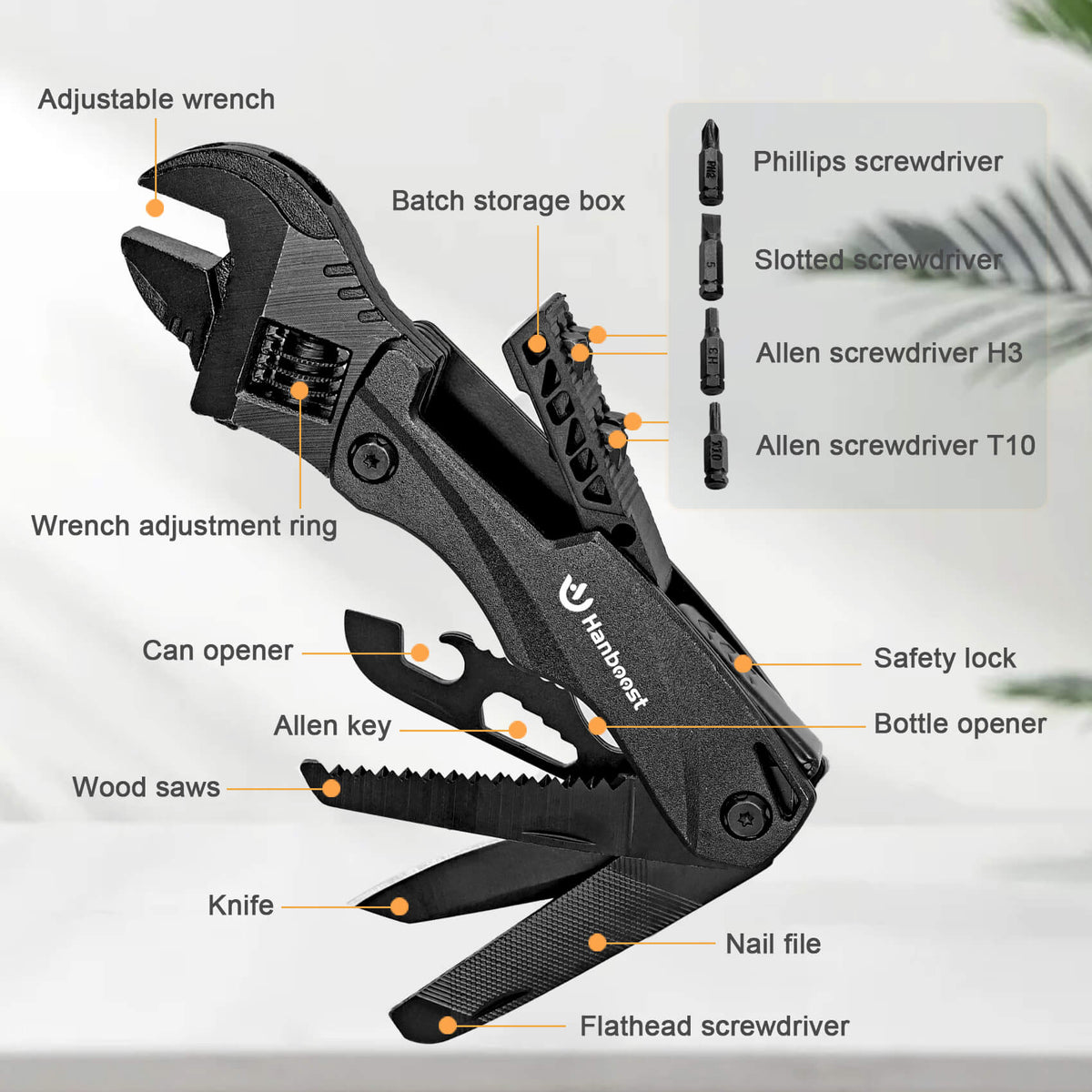 Hanboost Multitool Adjustable Wrench 12 In 1 Gadget for Camping (Black)