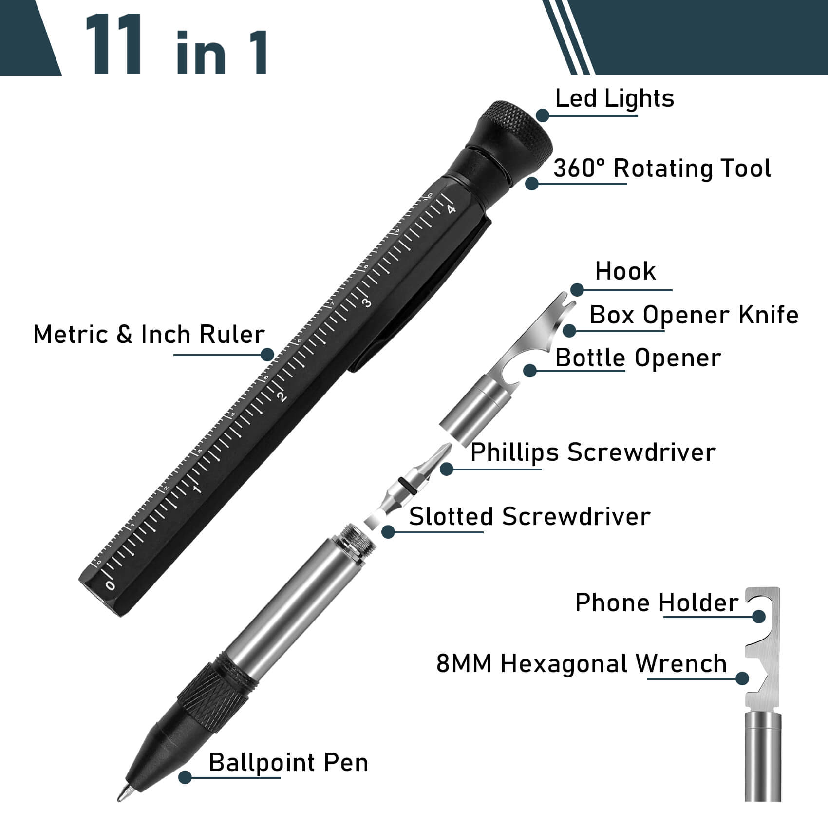 Hanboost P1 11 In 1 Multi-Tool EDC Pen for Handyman & DIYer Cool Gadgets Ruler, Level, Bottle Opener, Phillips Screwdriver, Flathead, and Ballpoint Pen Gifts for Him