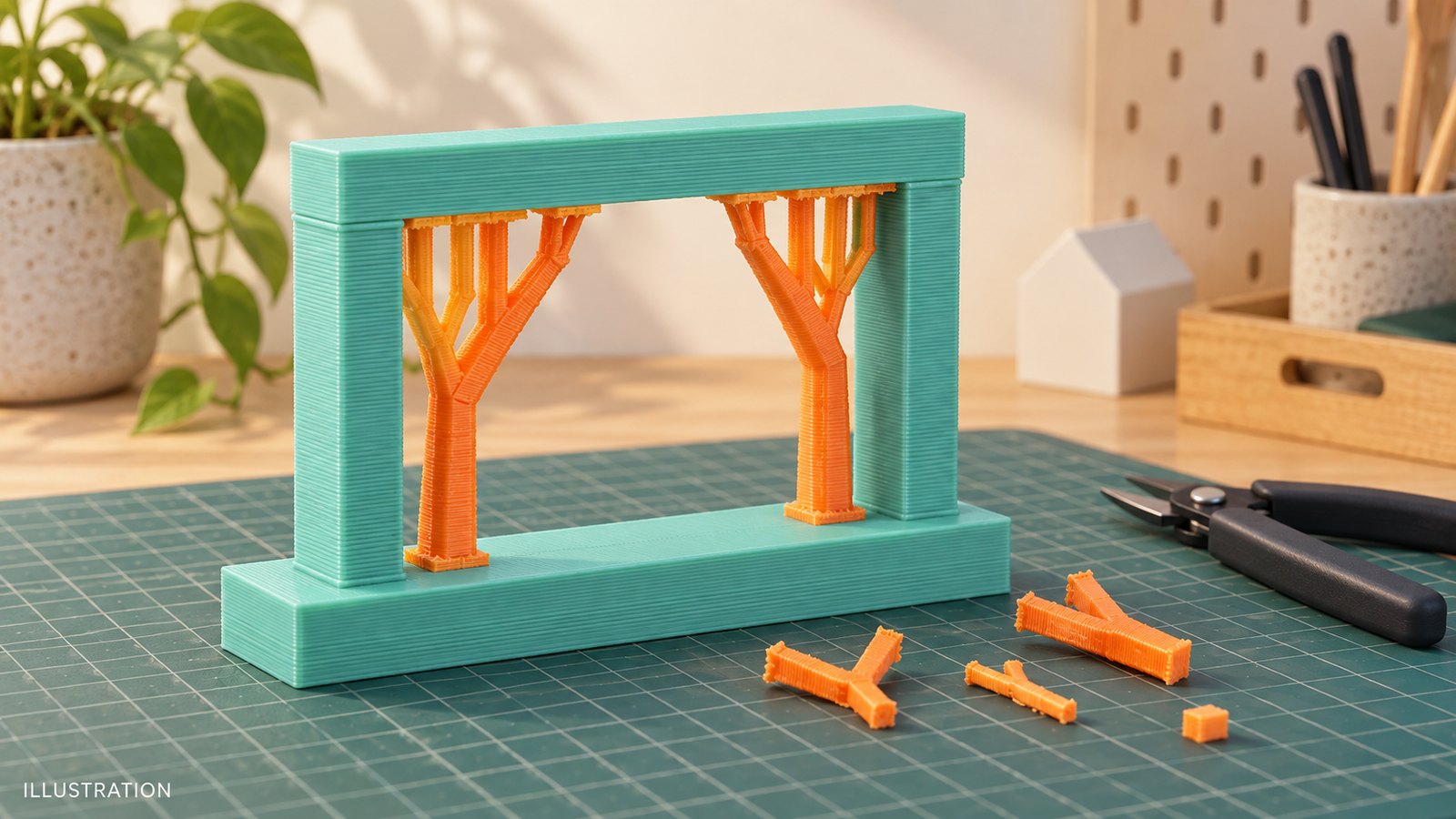Conceptual illustration of a teal PLA model with orange supports and unbranded flush cutters on a workbench.