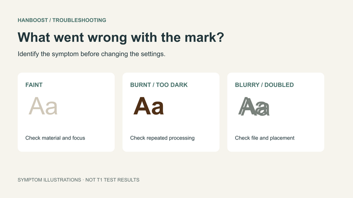 Concept illustration of faint, overly dark and doubled letter marks with a suggested first check for each.