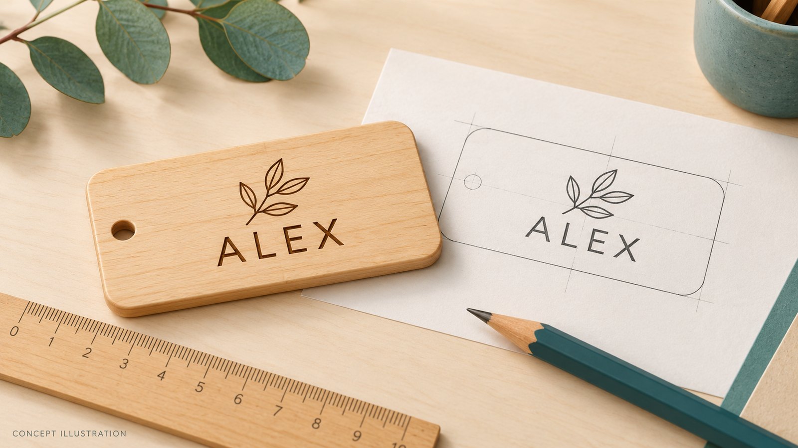 Concept illustration of a wooden name tag reading ALEX beside its paper design, with a ruler and pencil.