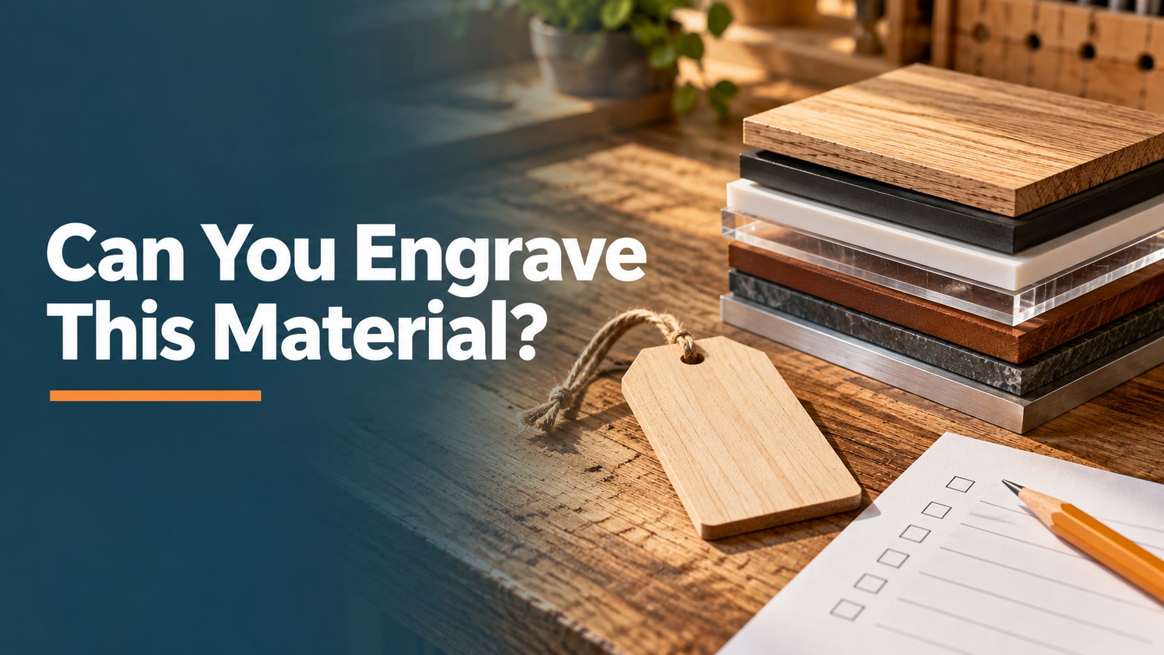 AI concept illustration of material samples, a wooden tag and a checklist on a sunlit workbench.