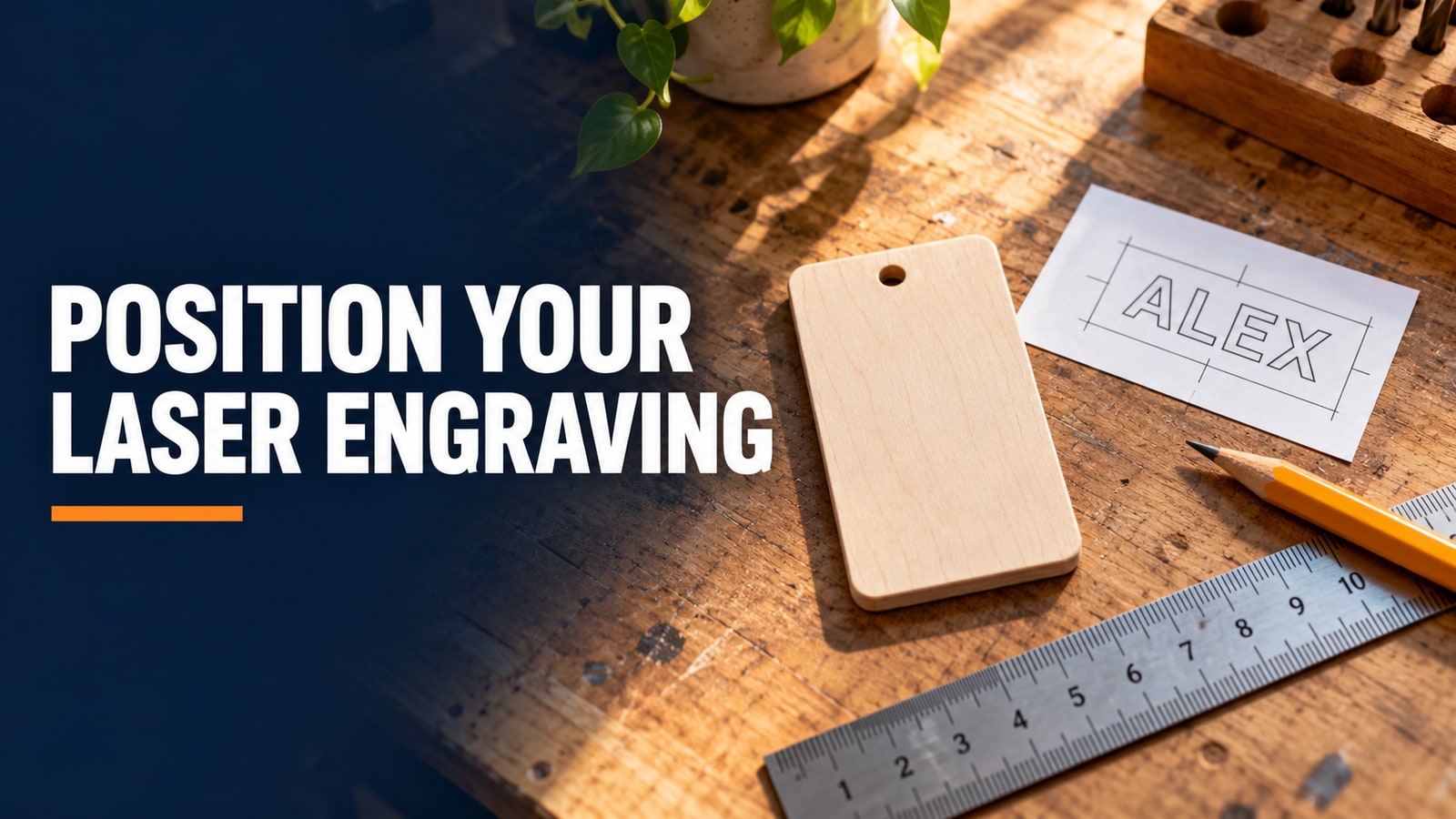 AI concept illustration of a wooden tag blank, paper lettering layout, ruler and pencil on a sunlit workbench.