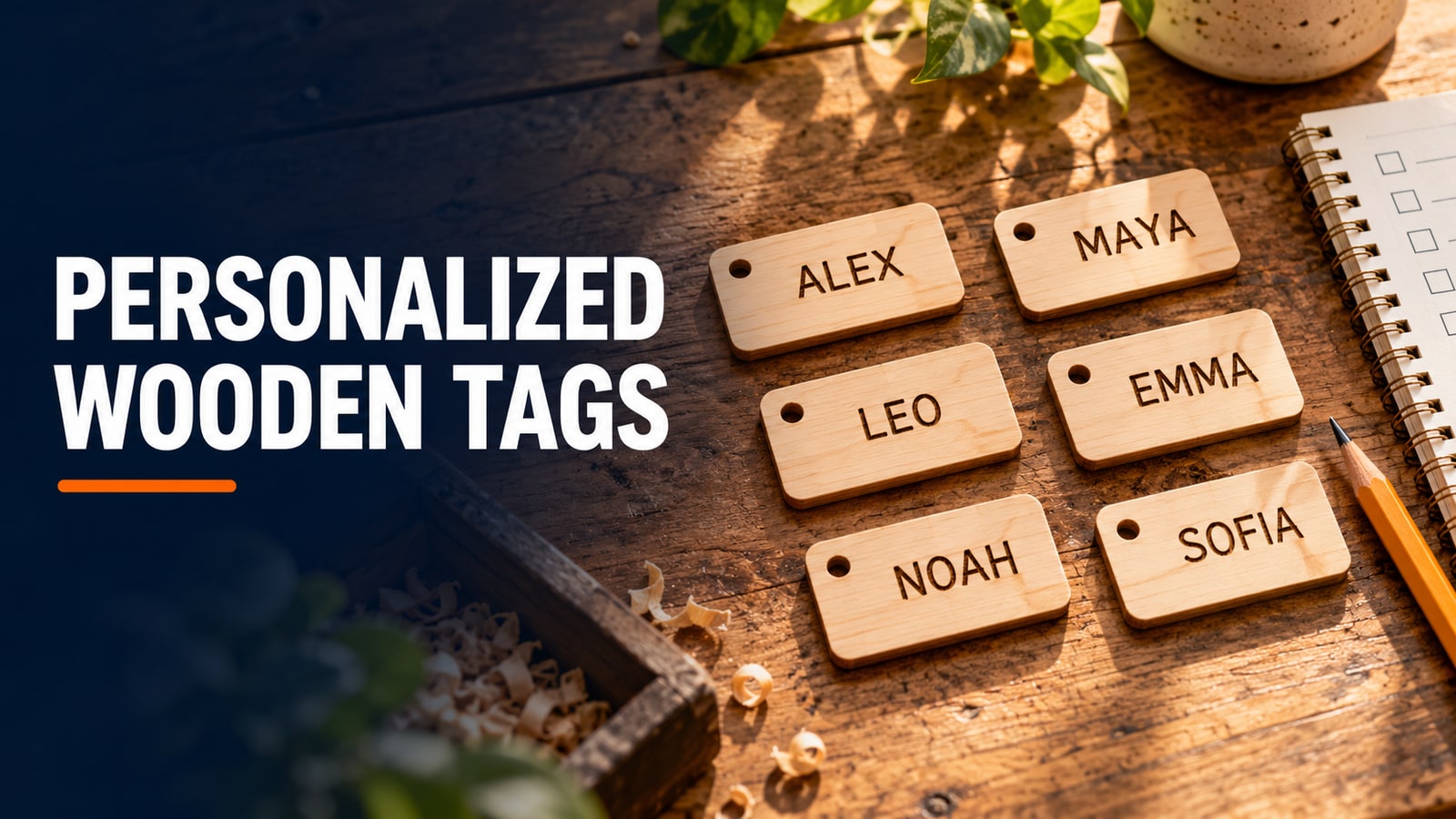 AI concept illustration of six wooden name tags and a checklist on a warm maker workbench; not a product test.
