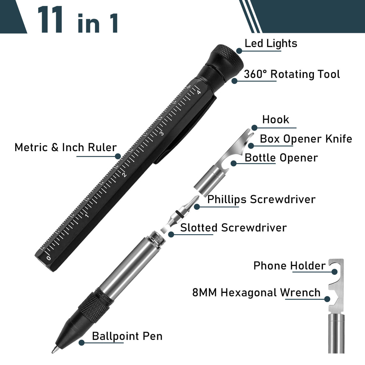 Hanboost P1 11 In 1 Multi-Tool EDC Pen for Handyman & DIYer Cool Gadgets Ruler, Level, Bottle Opener, Phillips Screwdriver, Flathead, and Ballpoint Pen Gifts for Him