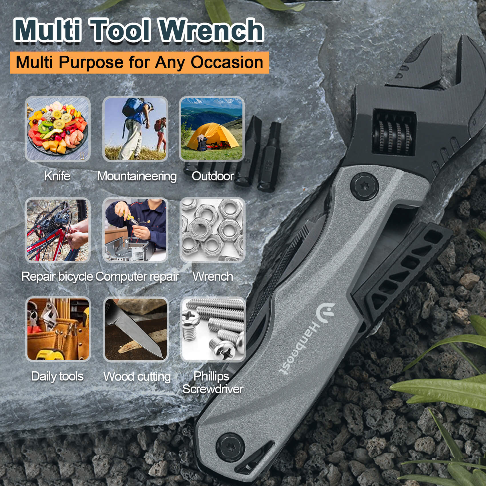 Hanboost M1 Multi functional Adjustable Wrench 12 In 1 (Grey)